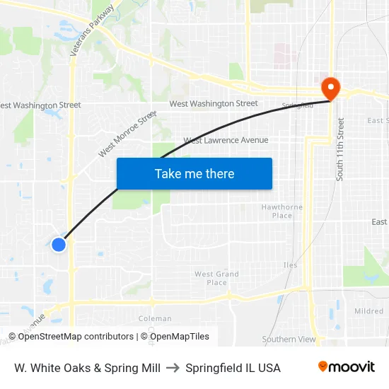 W. White Oaks & Spring Mill to Springfield IL USA map