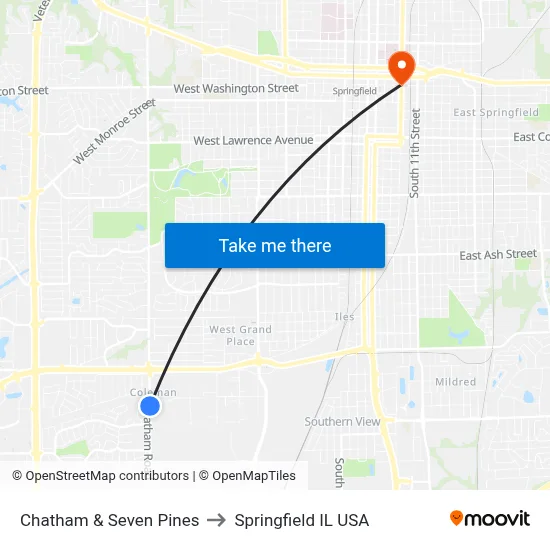 Chatham & Seven Pines to Springfield IL USA map