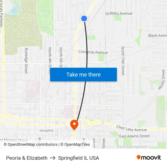 Peoria & Elizabeth to Springfield IL USA map