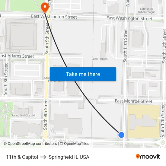 11th & Capitol to Springfield IL USA map
