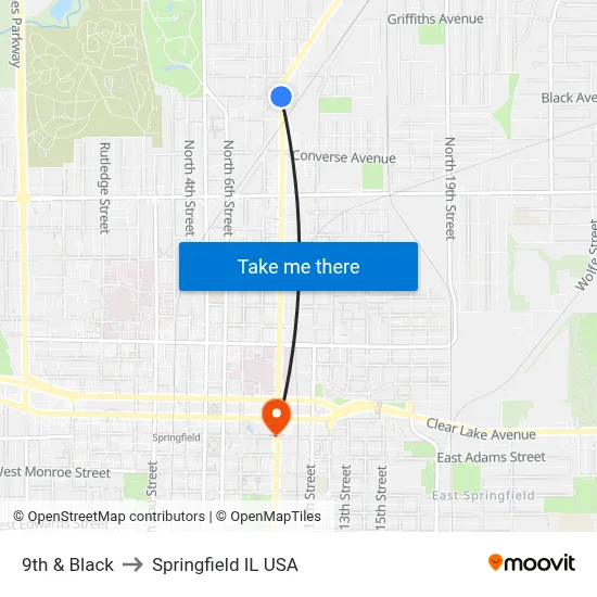 9th & Black to Springfield IL USA map