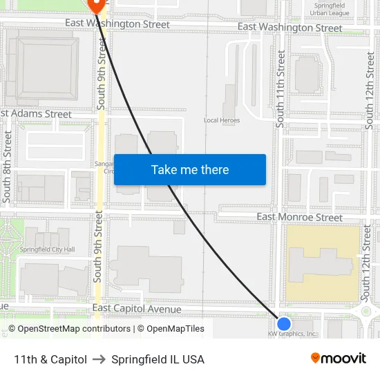 11th & Capitol to Springfield IL USA map