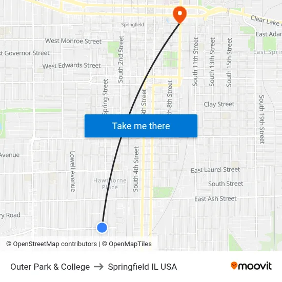 Outer Park & College to Springfield IL USA map