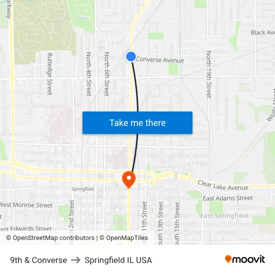 9th & Converse to Springfield IL USA map