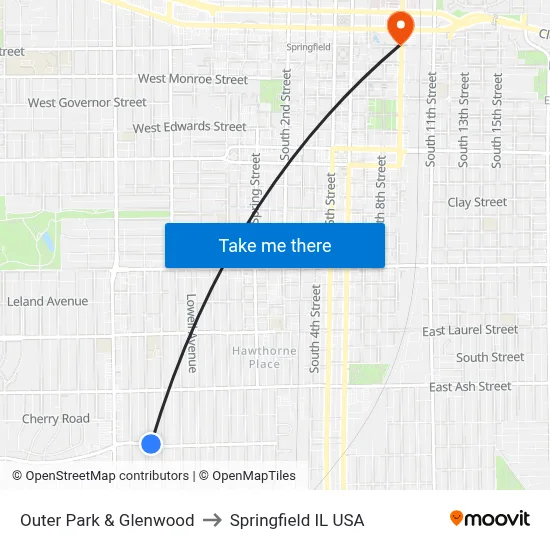 Outer Park & Glenwood to Springfield IL USA map