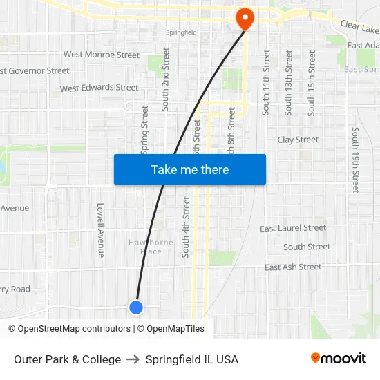 Outer Park & College to Springfield IL USA map