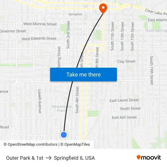 Outer Park & 1st to Springfield IL USA map