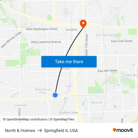 North & Holmes to Springfield IL USA map