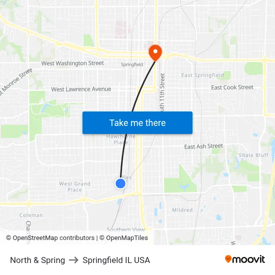 North & Spring to Springfield IL USA map