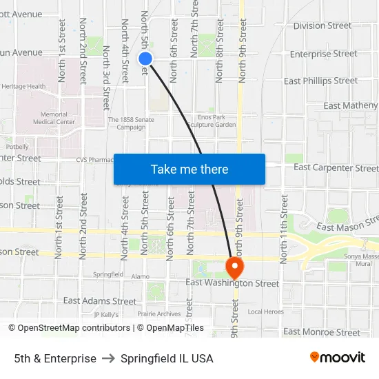 5th & Enterprise to Springfield IL USA map
