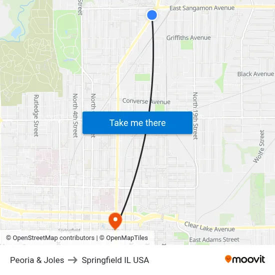 Peoria & Joles to Springfield IL USA map