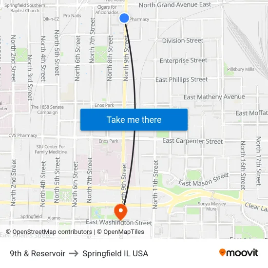 9th & Reservoir to Springfield IL USA map