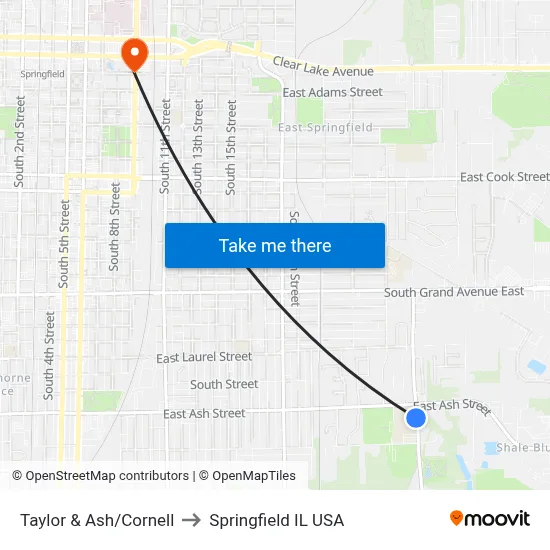 Taylor & Ash/Cornell to Springfield IL USA map