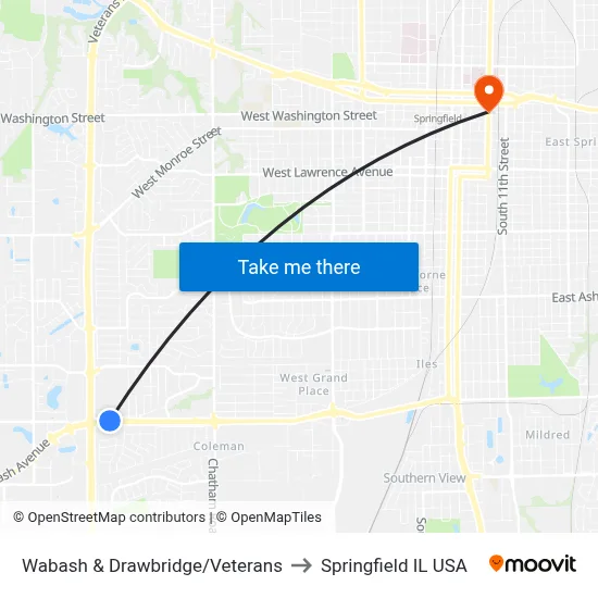 Wabash & Drawbridge/Veterans to Springfield IL USA map
