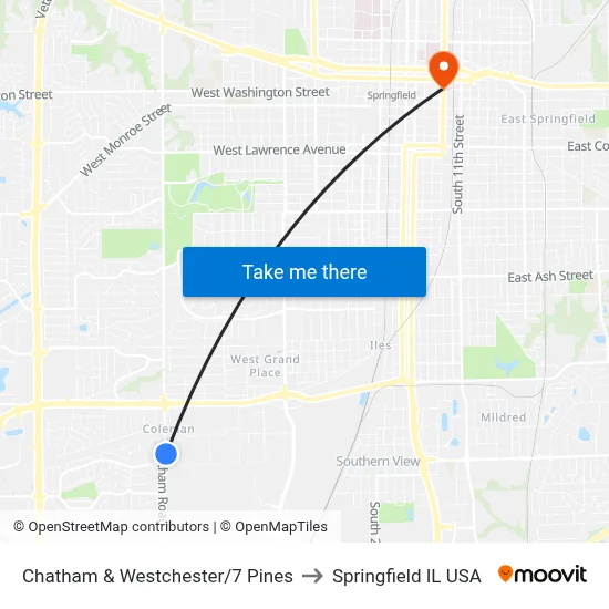 Chatham & Westchester/7 Pines to Springfield IL USA map