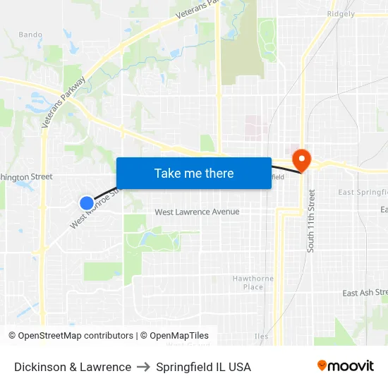 Dickinson & Lawrence to Springfield IL USA map
