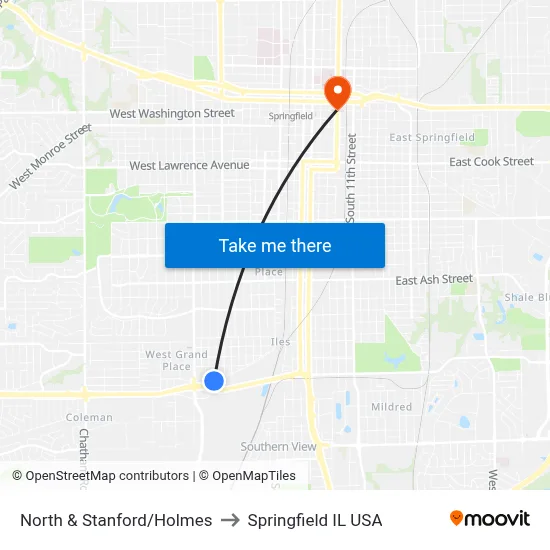 North & Stanford/Holmes to Springfield IL USA map