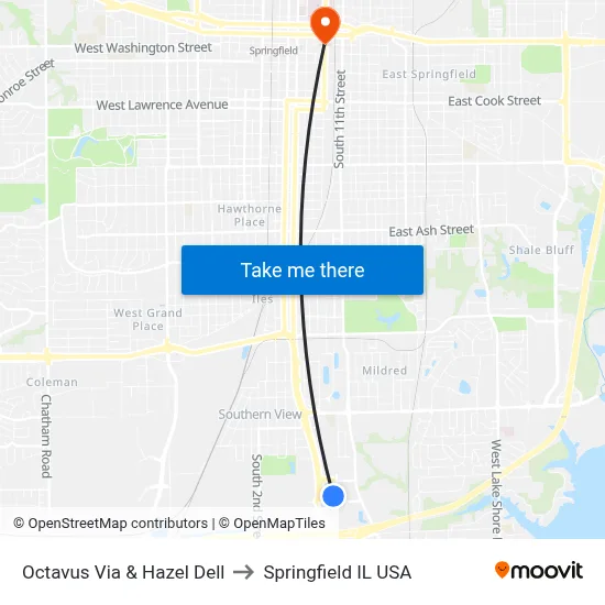 Octavus Via & Hazel Dell to Springfield IL USA map