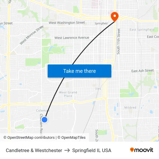 Candletree & Westchester to Springfield IL USA map