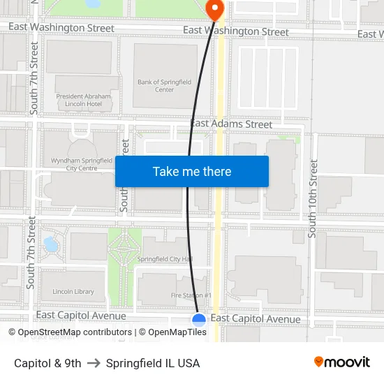 Capitol & 9th to Springfield IL USA map
