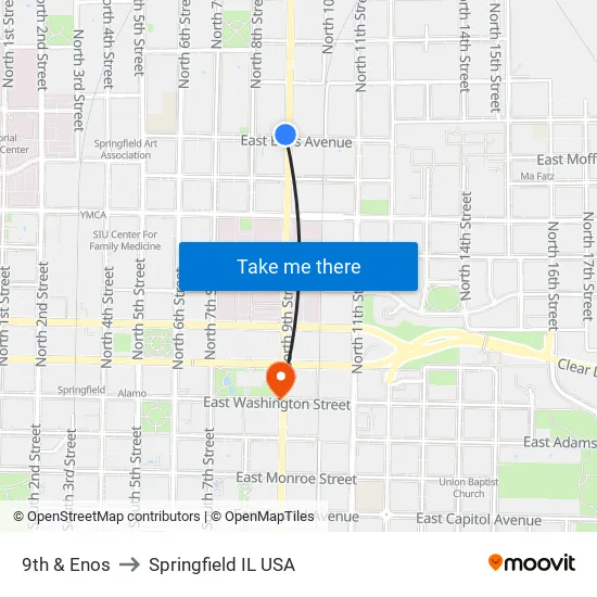 9th & Enos to Springfield IL USA map