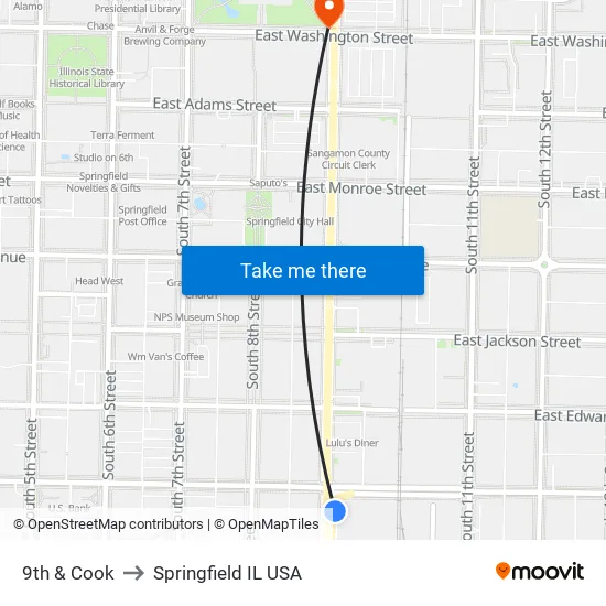9th & Cook to Springfield IL USA map