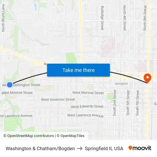Washington & Chatham/Bogden to Springfield IL USA map