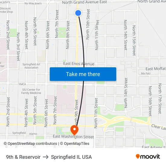 9th & Reservoir to Springfield IL USA map