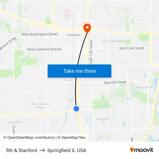 5th & Stanford to Springfield IL USA map