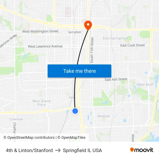 4th & Linton/Stanford to Springfield IL USA map