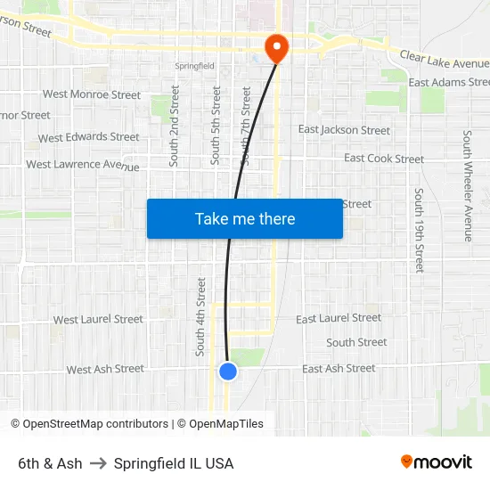 6th & Ash to Springfield IL USA map