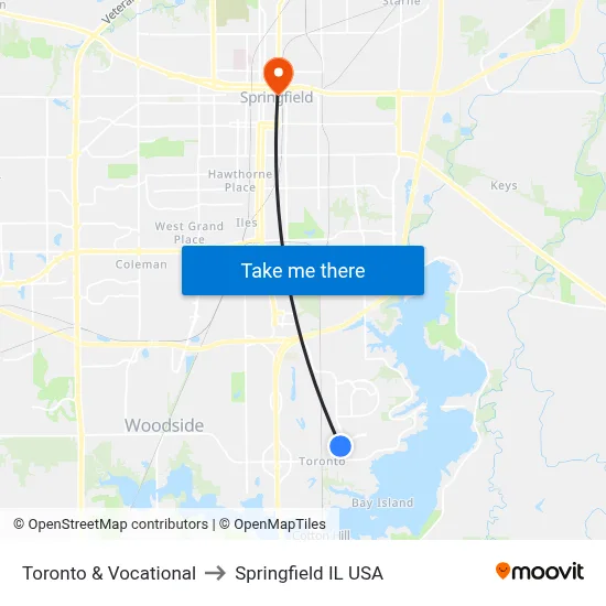 Toronto & Vocational to Springfield IL USA map