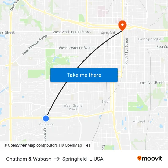 Chatham & Wabash to Springfield IL USA map