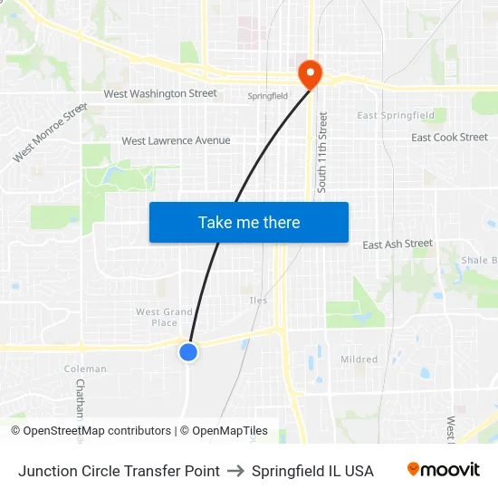 Junction Circle Transfer Point to Springfield IL USA map