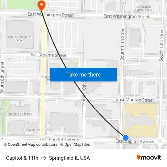 Capitol & 11th to Springfield IL USA map