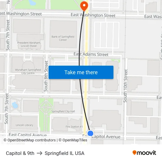 Capitol & 9th to Springfield IL USA map
