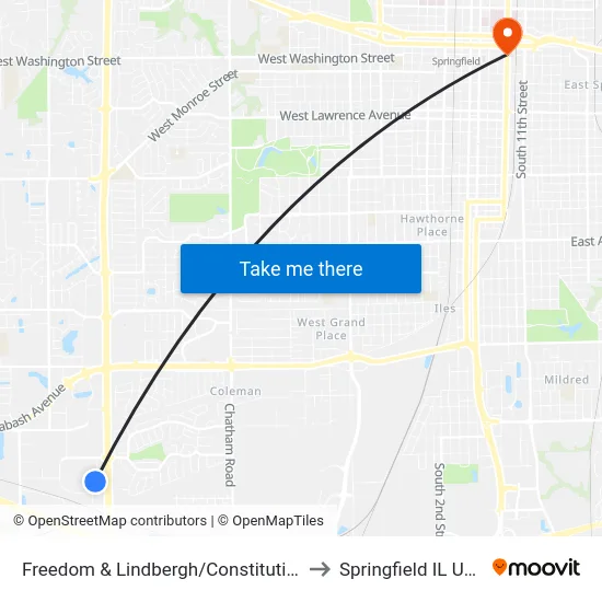 Freedom & Lindbergh/Constitution to Springfield IL USA map