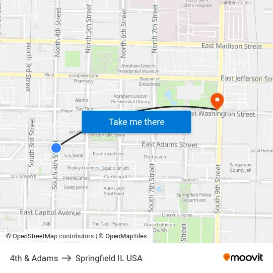 4th & Adams to Springfield IL USA map