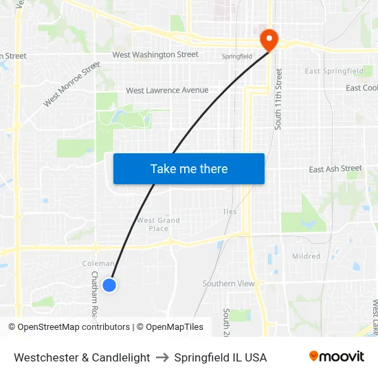 Westchester & Candlelight to Springfield IL USA map
