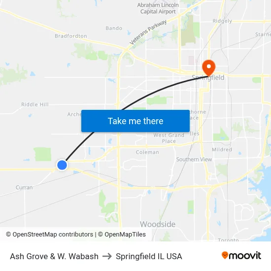 Ash Grove & W. Wabash to Springfield IL USA map