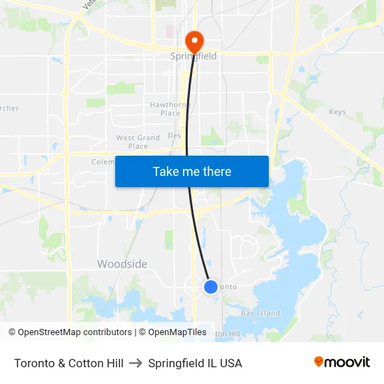 Toronto & Cotton Hill to Springfield IL USA map