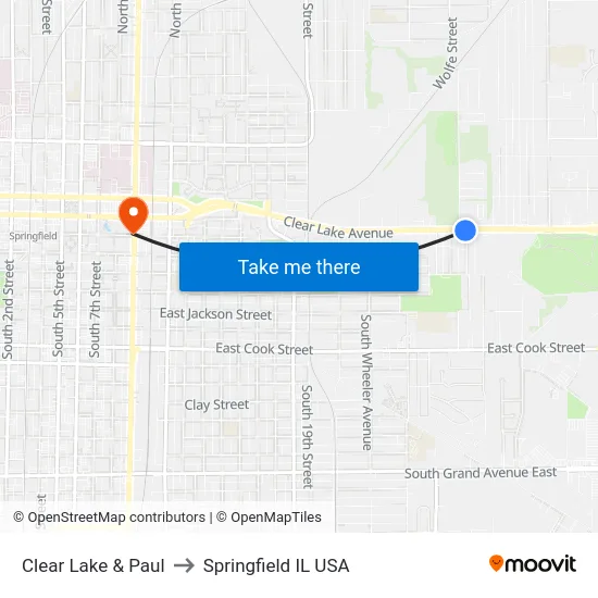 Clear Lake & Paul to Springfield IL USA map