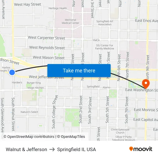 Walnut & Jefferson to Springfield IL USA map