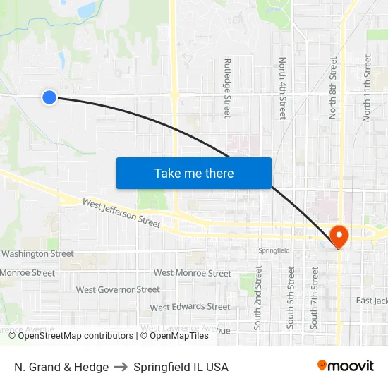 N. Grand & Hedge to Springfield IL USA map