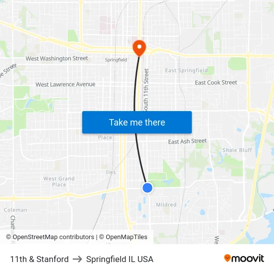 11th & Stanford to Springfield IL USA map