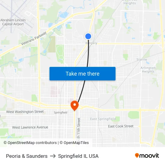 Peoria & Saunders to Springfield IL USA map