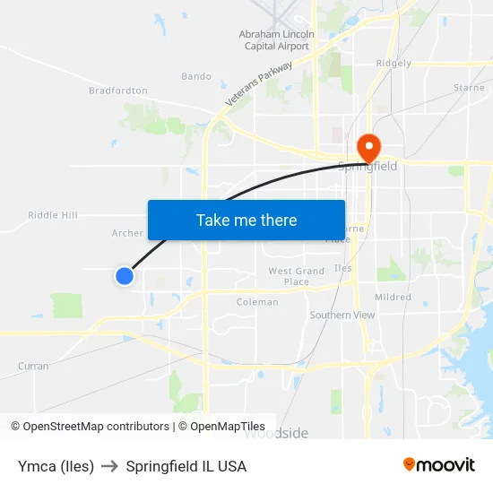 Ymca (Iles) to Springfield IL USA map