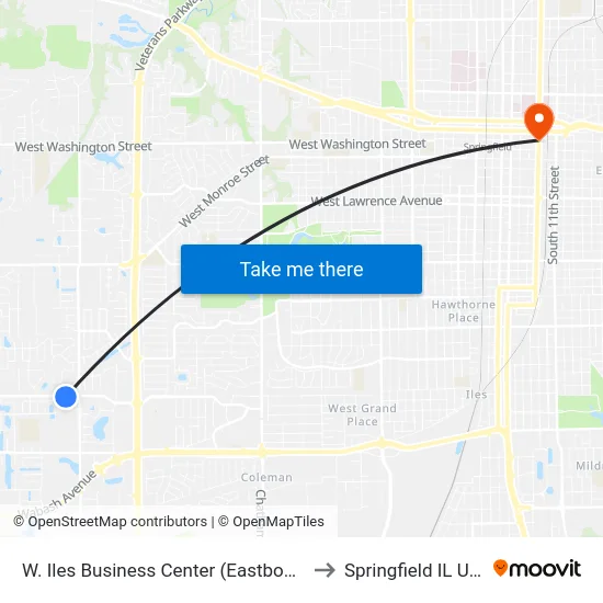 W. Iles Business Center (Eastbound) to Springfield IL USA map