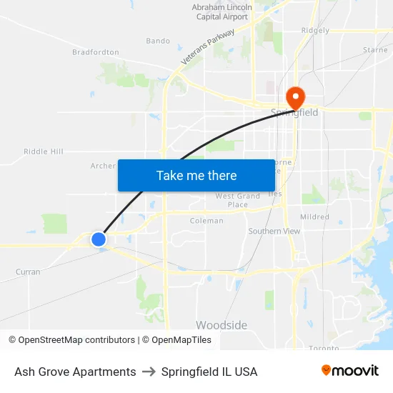 Ash Grove Apartments to Springfield IL USA map