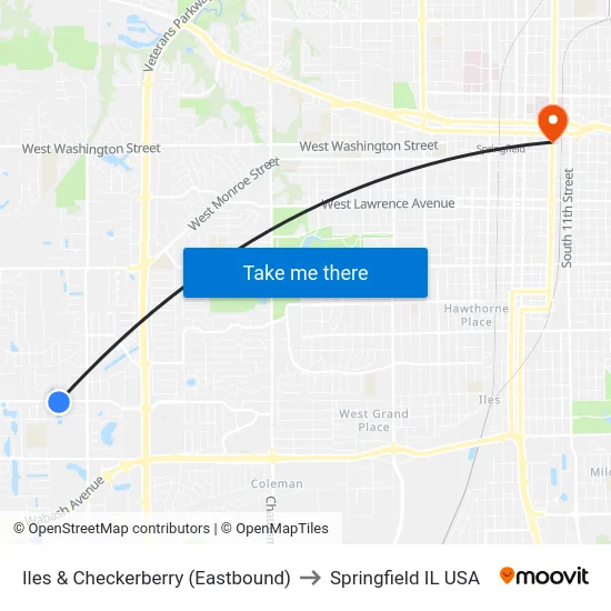 Iles & Checkerberry (Eastbound) to Springfield IL USA map